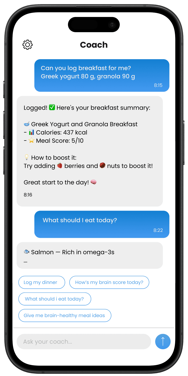 Helibrain AI coach chat answering questions about habits and nutrition with personalized responses