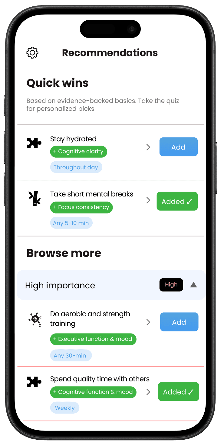 Helibrain app showing personalized recommendations with quick wins and importance levels